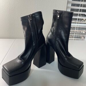 Wet Kiss Black Platform Ankle Boots Chunky Heel Square Toe 7.5